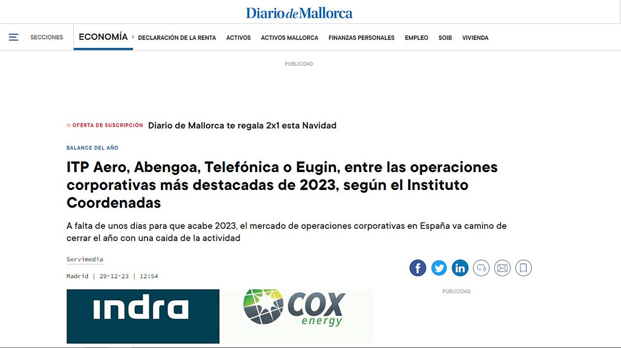 ITP Aero, Abengoa, Telefnica o Eugin, entre las operaciones corporativas ms destacadas de 2023, segn el Instituto Coordenadas